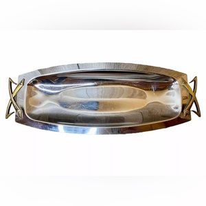 Mid-Century Modern Vintage Chrome with Brass Handle Bows Serving Platter